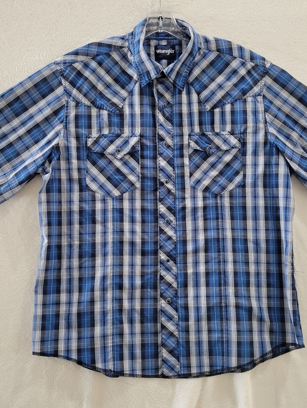 Wrangler Western Pearl Snap Shirt Mens XL Blue Plaid Cowboy Rockabilly SS Ranch